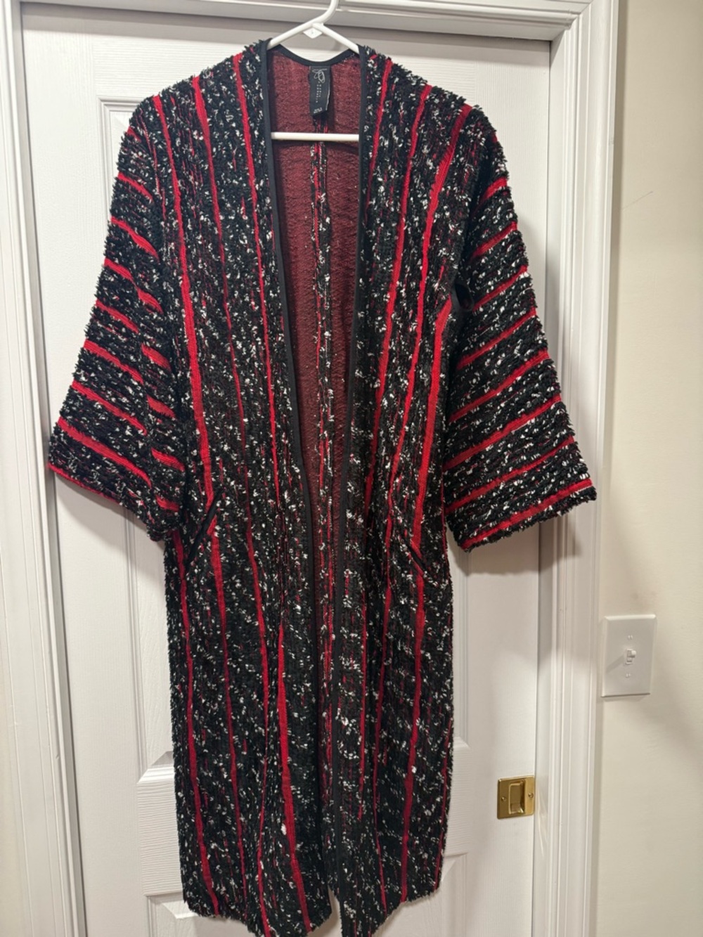 Zero + Maria Cornejo Black and Red Striped Bouclé Open-Front Coat